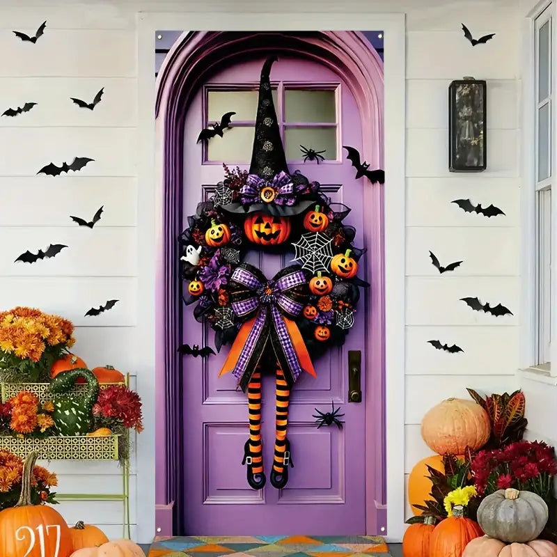 Halloween Door Cover: Witch Wreath Wizard Hat Pattern Design